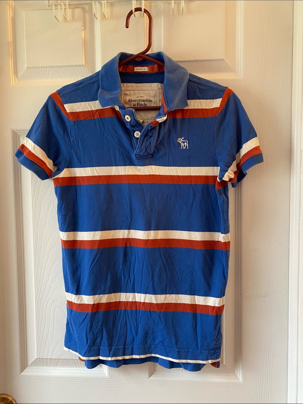 Abercrombie & Fitch Muscle Fit Polo Shirt Blue Rust White Striped Moose Logo S